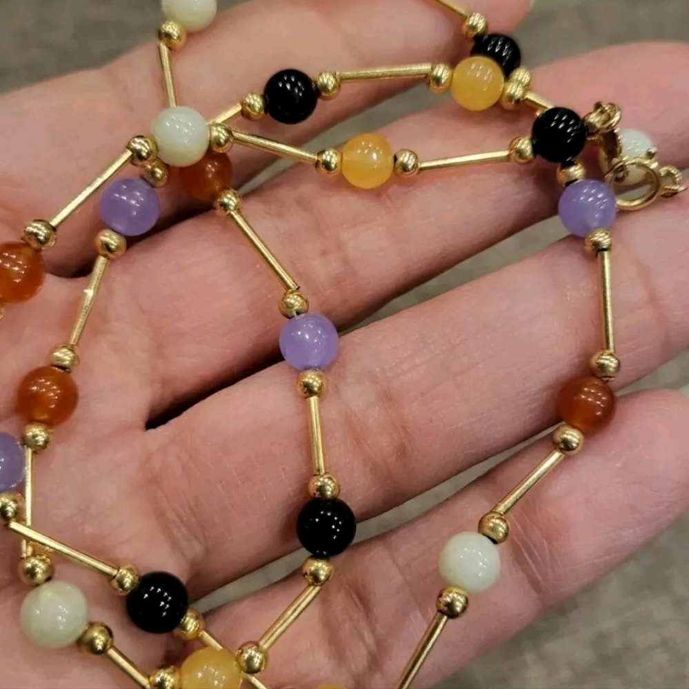 Sold 14 Kt Gold Jadeite Necklace Round Beads Precious Stones - Picture 6 of 6